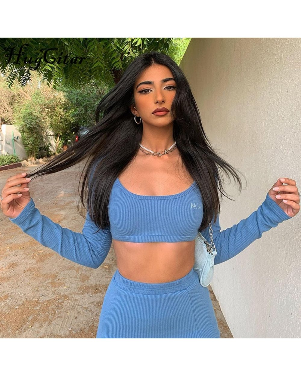 Hugcitar Solid Navel Low Neck Bodycon Top Sexy Mini Dress Set Summer Women Fashion Streetwear Outfits Y2K front-2