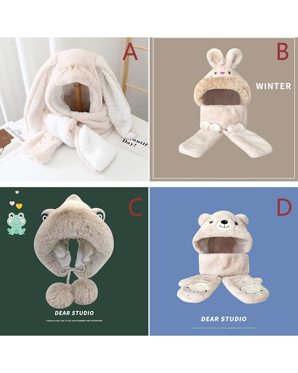 2021 Women Fashion Cute Cartoon Rabbit Ears Hatimitation Mink Cap Girl Winter Warmth Thickened With Scarf Gloves One-Pi front-5