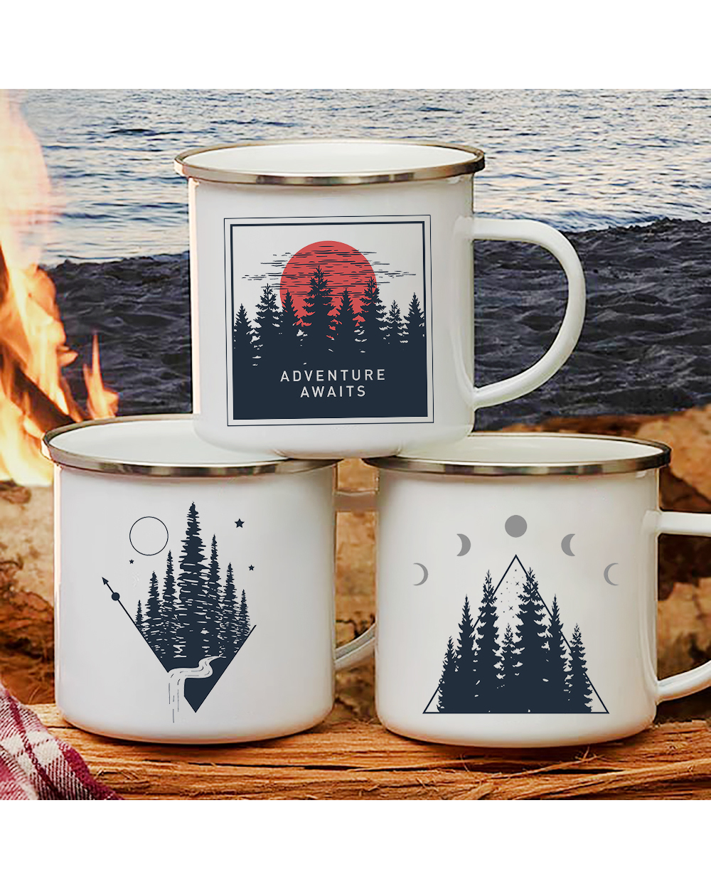 Sunset Forest Creek Creative Enamel Coffee Mugs Outdoor Travel Water Cups front-0