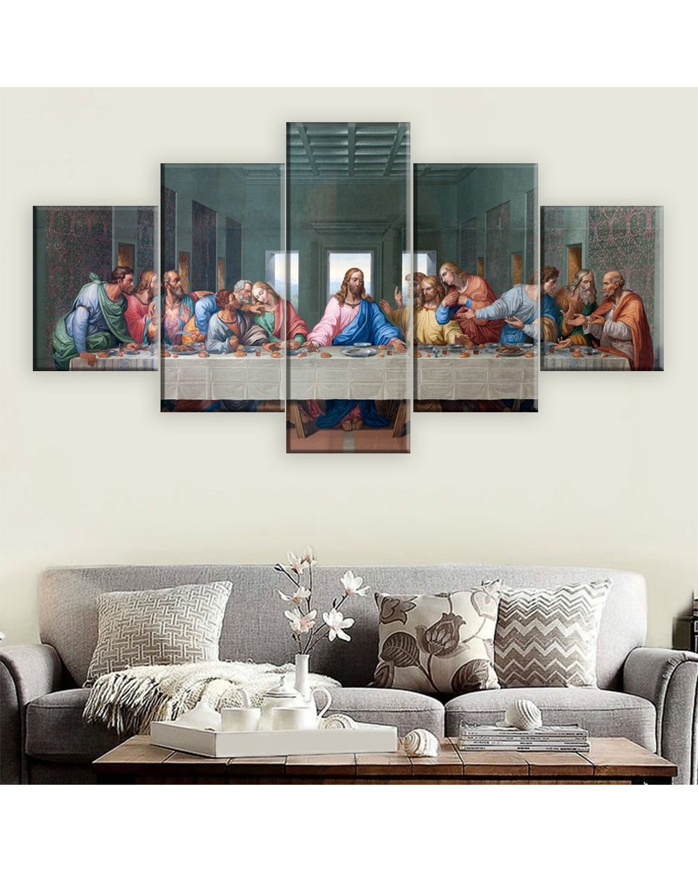Oil Painting The Last Supper Leonardo Da Vinci Christian Wall Pictures Christian 5 Panel Canvas Art Wall Decor front-1
