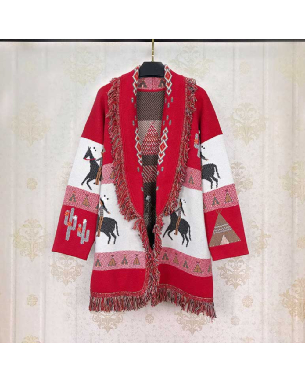 Autumn Winter Sweater Jacket Women Lapel Tassel Jacquard Long Sleeve Cardigan Bohemian Retro Long Sweater Tops VG06 front-6