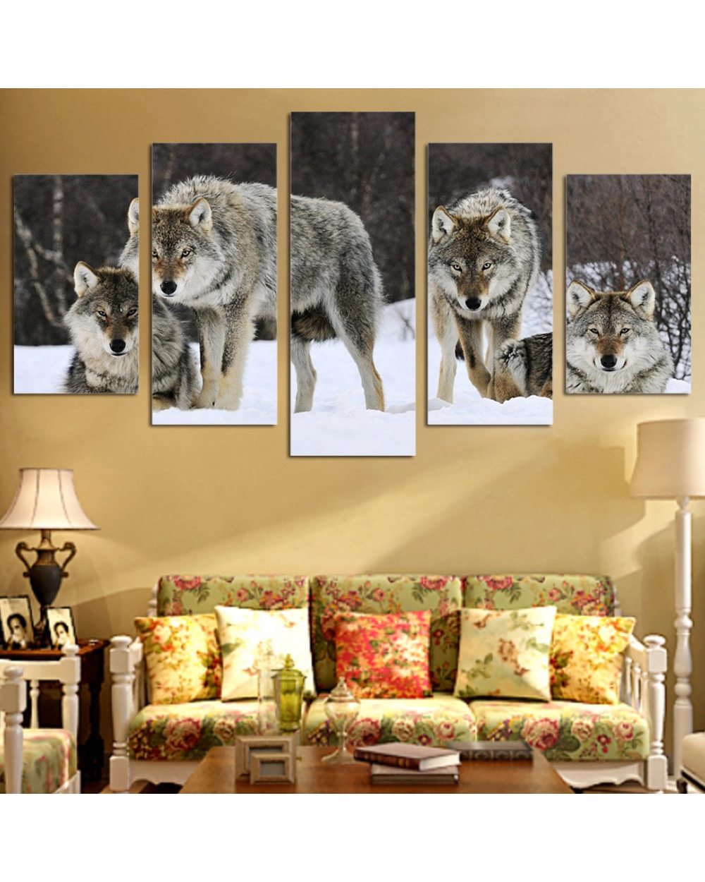 Wild Wolf in the Snow Animal Picture Animal 5 Panel Canvas Art Wall Decor front-0