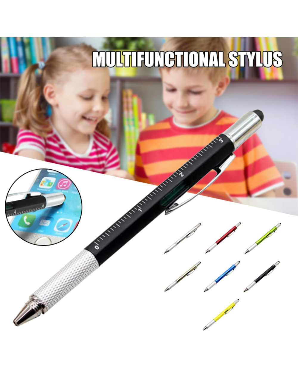 6 In 1 Multi-Functional Stylus Pen With Black/Blue Refill Tool Tech Ballpoint Pen With Clip Smooth Writing Nk-Shopping front-0