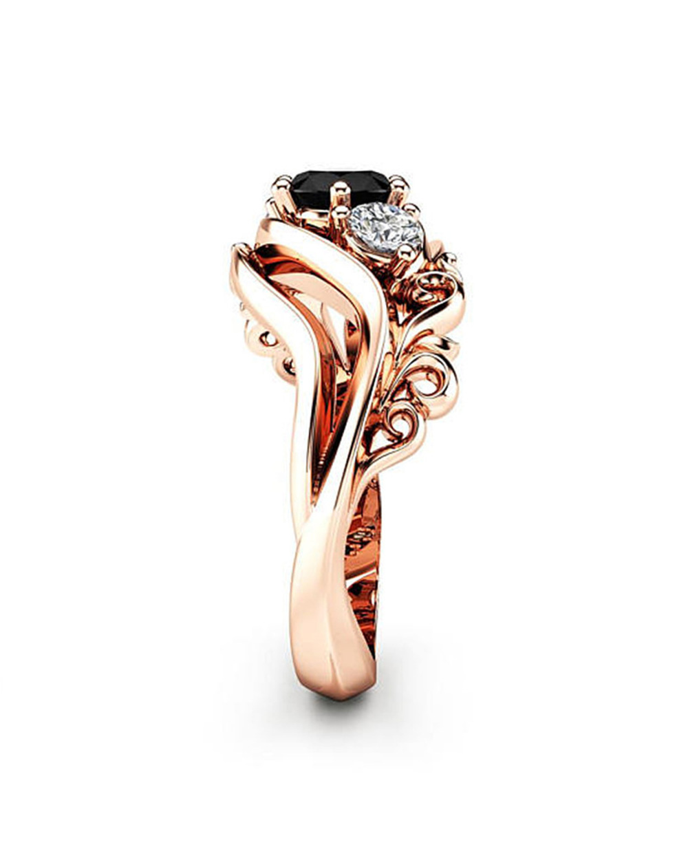 Huitan Witch Ring Unique Black Stone Prong Setting Twist Band Design Rose Gold Color Women Engagement Finger Rings Whole front-1