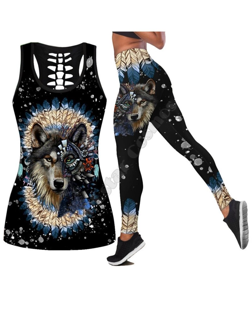 Native Wolf 3D All Over Printed Legging Tank top Suit sexy Yoga Fitness Soft Legging front-3