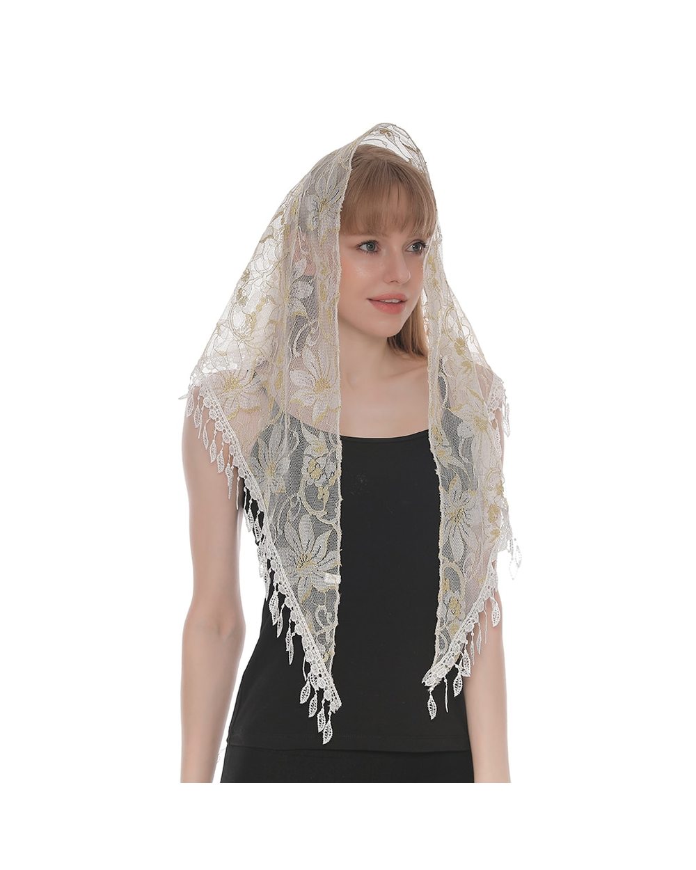 Fashion Church Shawl Lace Veil Polyester Scarf Bandana Church Prayer Wedding Mantilla Chapel White Embroidered Hijab Wo front-1