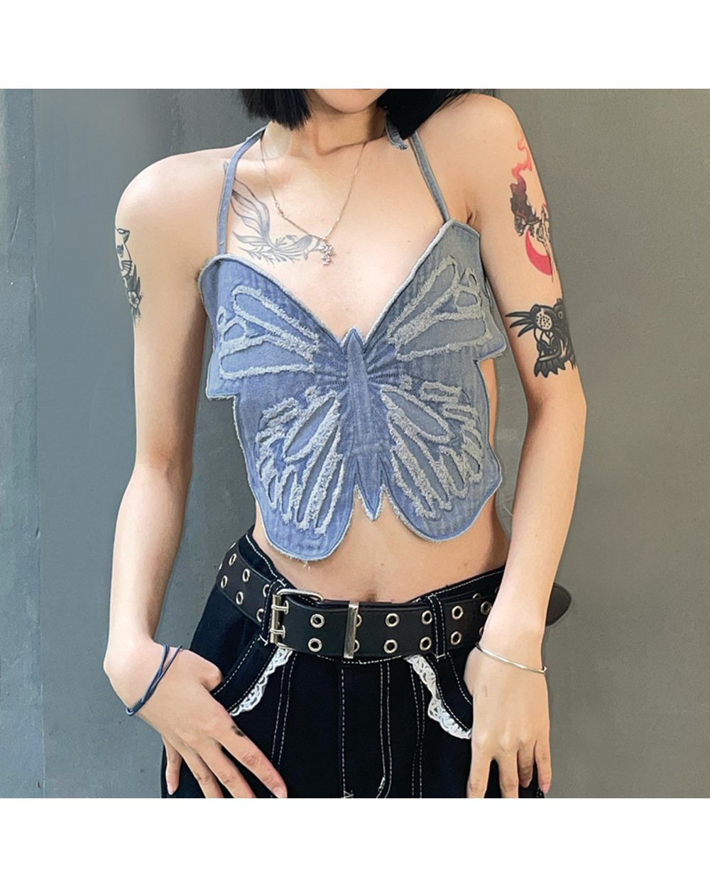 Halter Neck Butterfly Denim Sling Lace Hot Girl Vest front-2