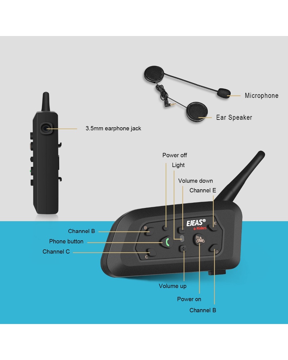 EJEAS V6 PRO Bluetooth Motorcycle Helmet Intercom Headset with 1200M BT Interphone Communicator for 6 Riders Waterproof front-4