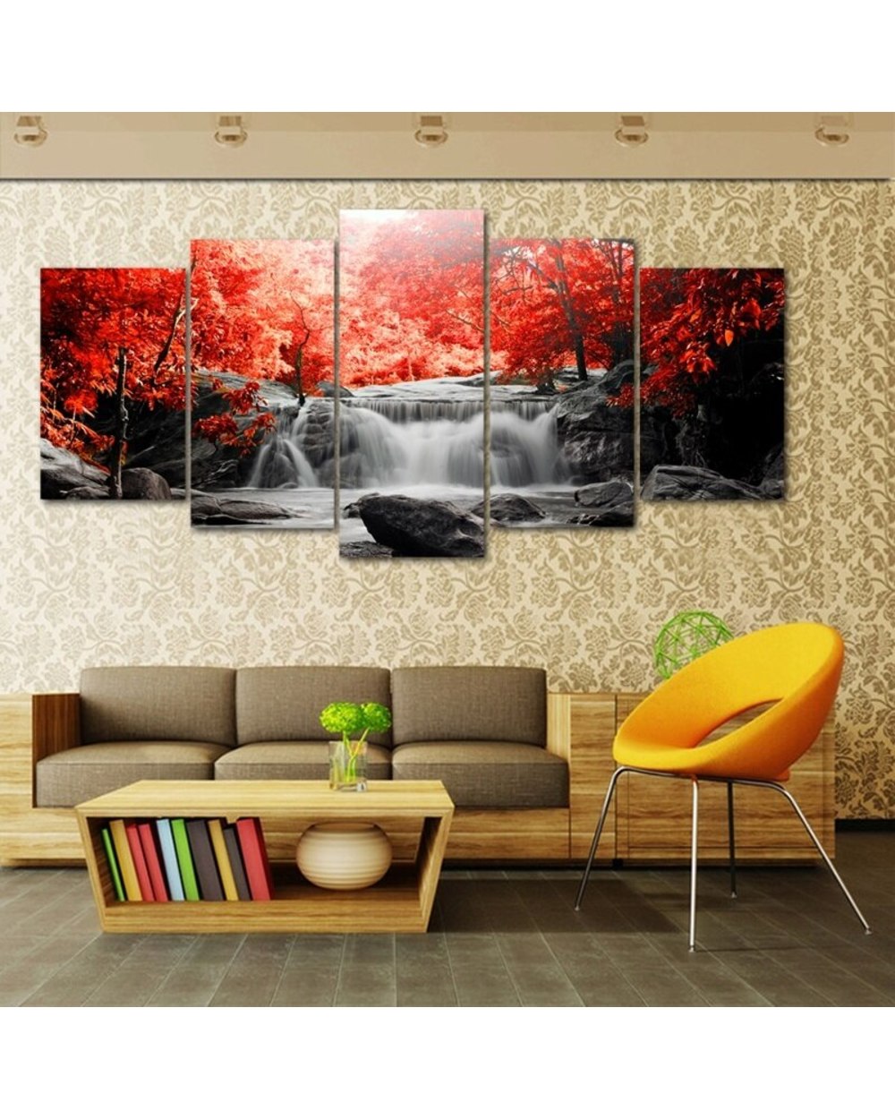 Waterfall Red Tree Gray Rock Landscape Picture Print Scenery 5 Panel Canvas Art Wall Decor front-0