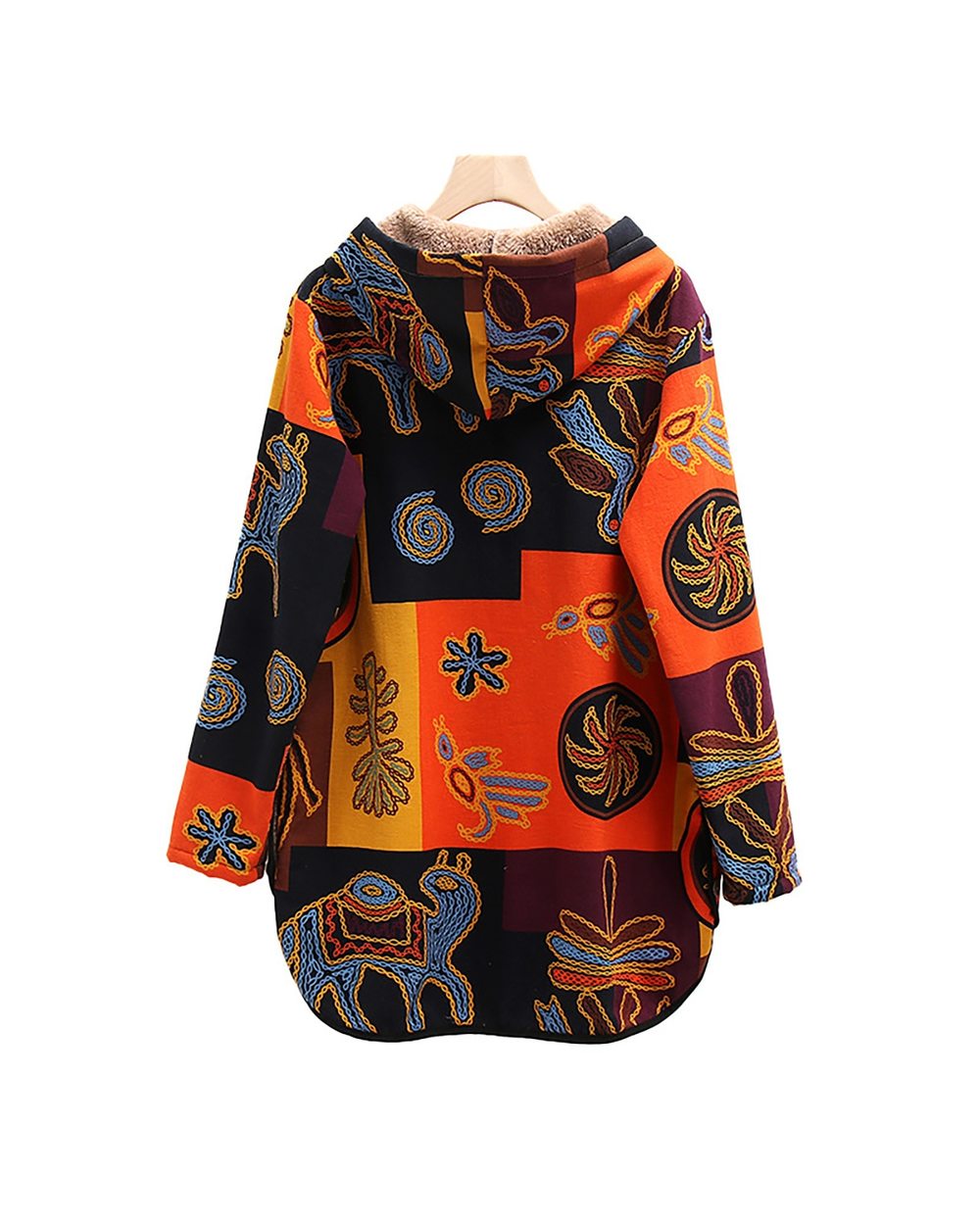 Retro Printing Splicing Zipper Hood Cardigan Long Sleeves Coat front-2