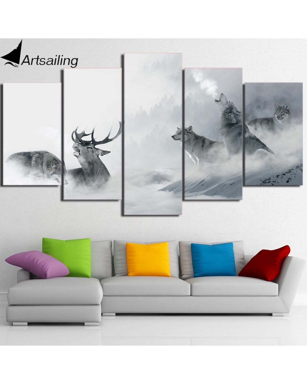 Howling Wolf Group Confronting Deer in Snow Picture Print Animal 5 Panel Canvas Art Wall Decor front-3