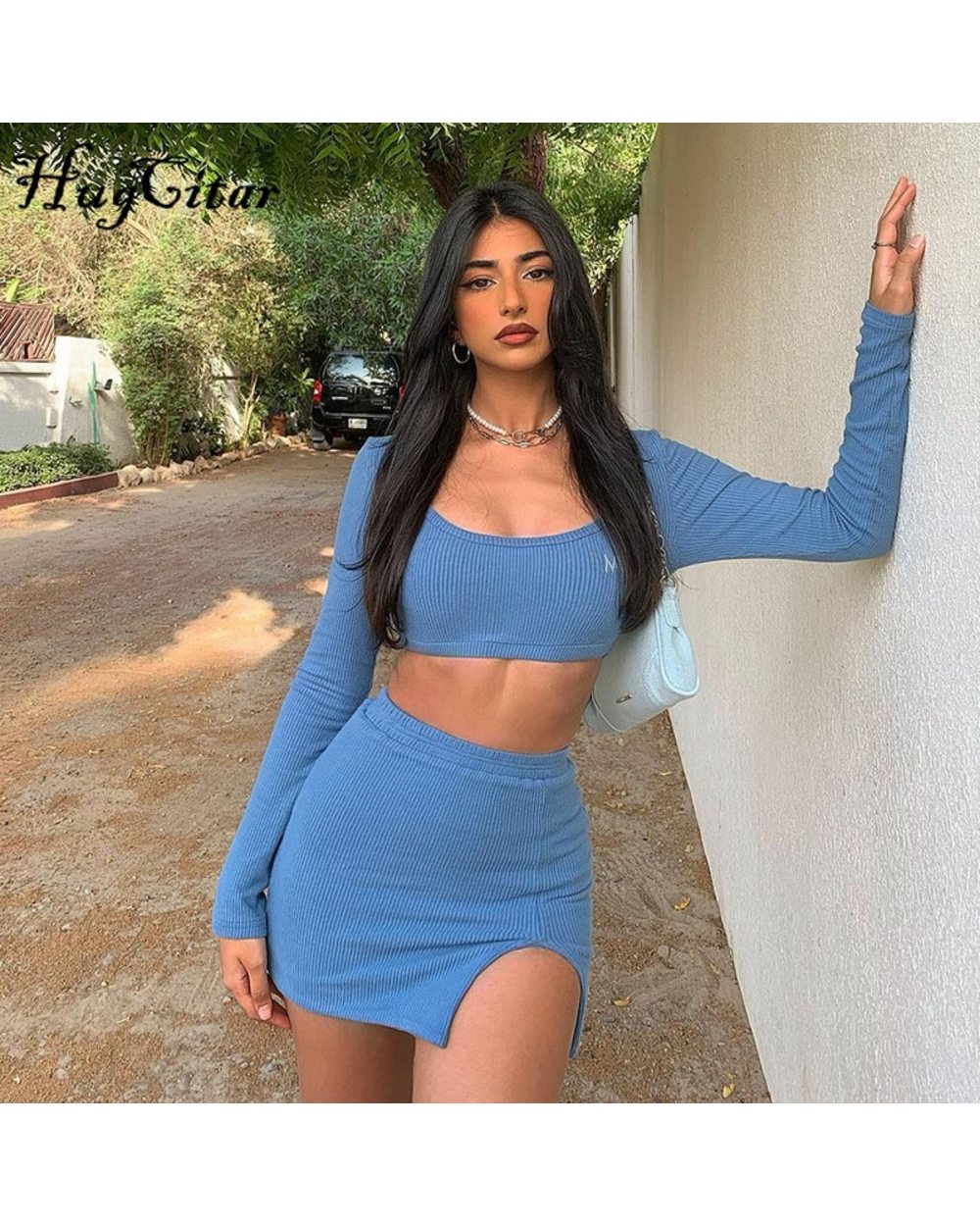 Hugcitar Solid Navel Low Neck Bodycon Top Sexy Mini Dress Set Summer Women Fashion Streetwear Outfits Y2K front-0