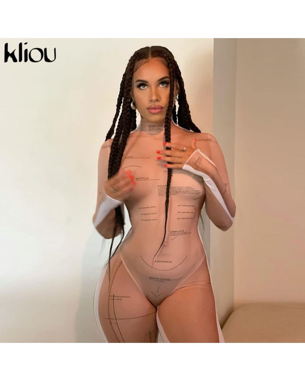 Sexy Mesh Jumpsuit Women Geometric Letter Print See Through Sheath Slim Long Sleeve Party Clubwear front-3