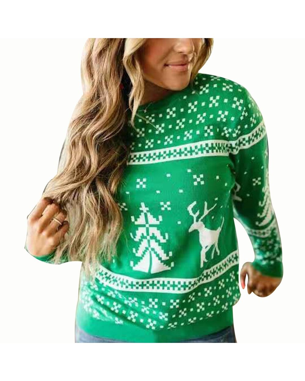 Women Christmas Sweater, Reindeer/Snowflake Pattern Long Sleeve Round Neck Sweater, Knitted Pullover front-3
