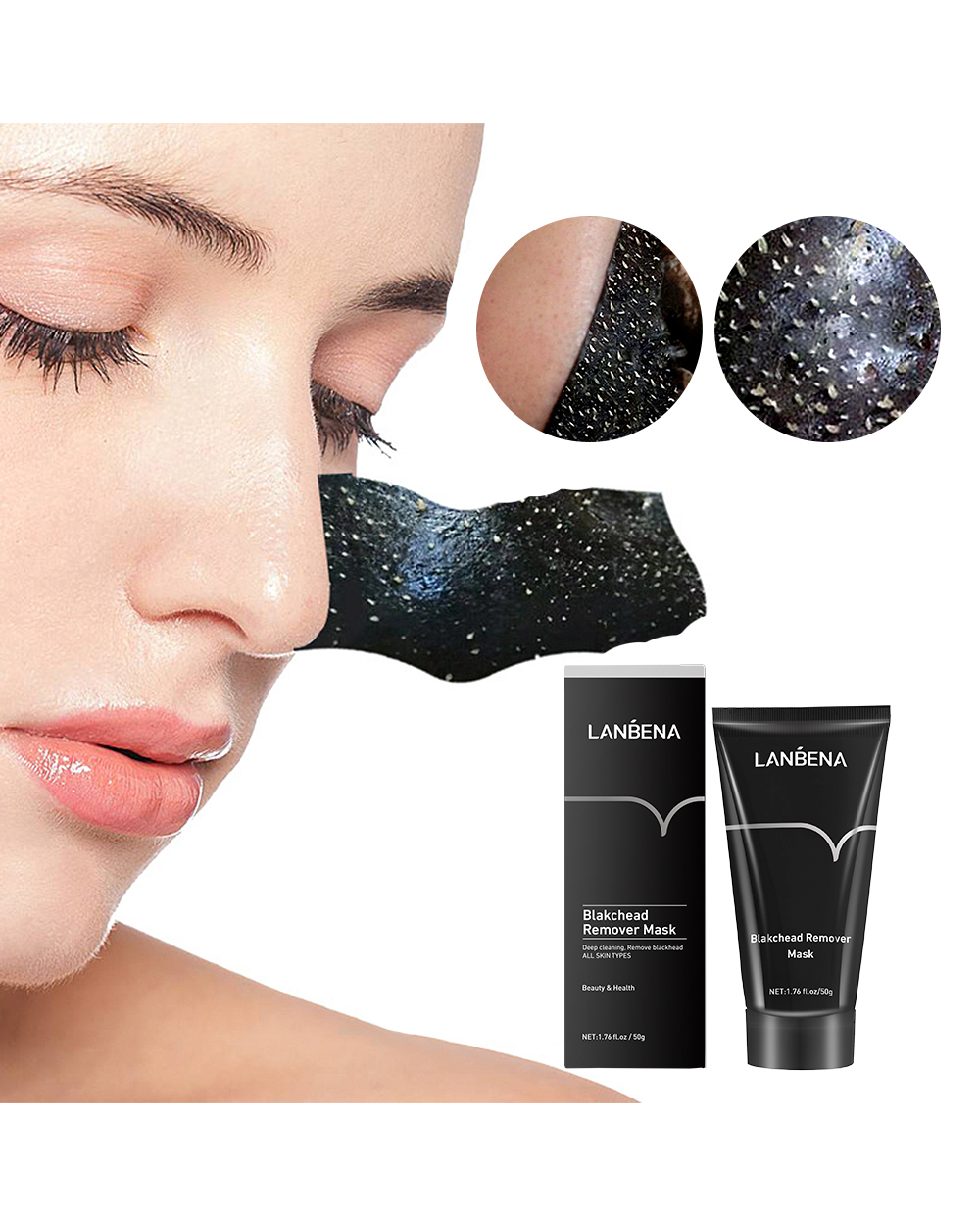 LANBENA Blackhead Remover Black Mask Face Acne Treatment Peeling Peel-Off Shrink Pores Bamboo Charcoal Cleaning Mask front-1