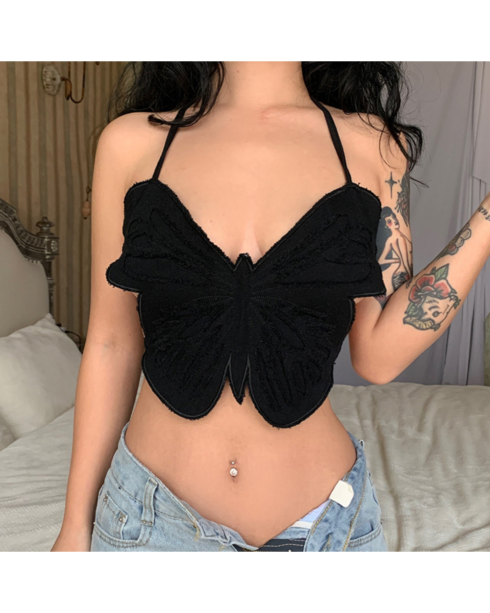 Halter Neck Butterfly Denim Sling Lace Hot Girl Vest front-0
