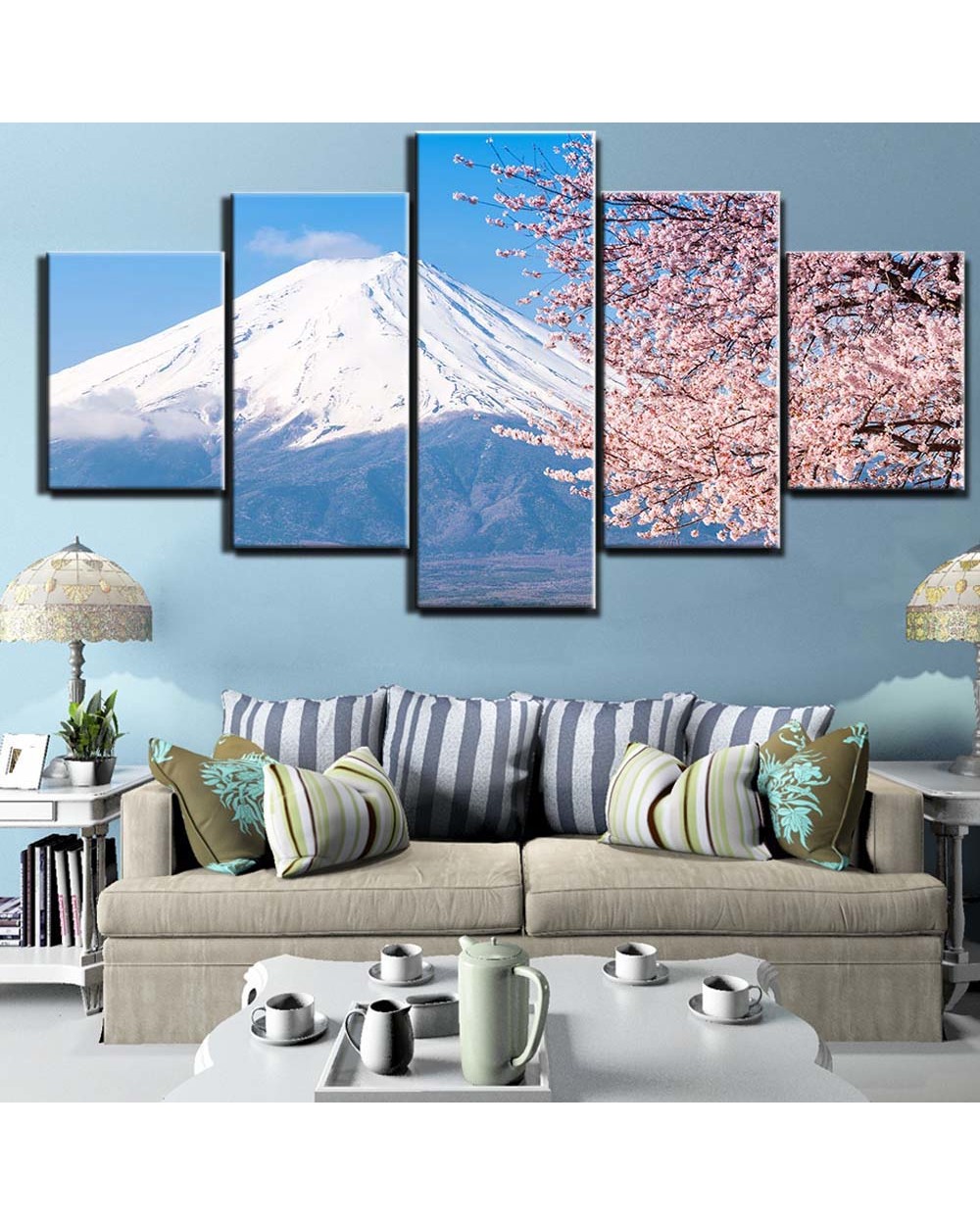 Snow Mountain Landscape and Sakura Flower Picture Print Nature 5 Panel Canvas Art Wall Decor front-0