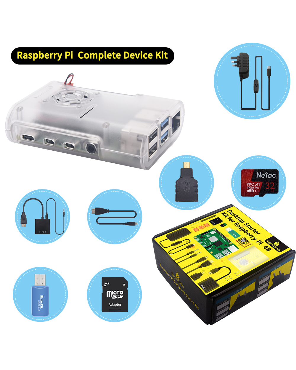 Keyestudio Raspberry Pi 4B Kit Complete Starter Kit +Uk/Eu/Au/Us Plug Power Supply For Raspberry Pi 4 (Rpi Board Not In front-2