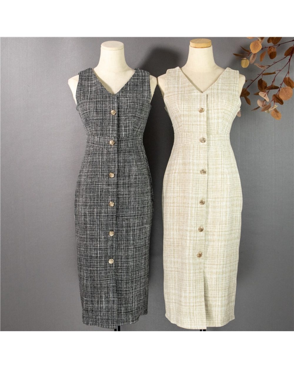 Spring Autumn Women Dresses Sleeveless High Waist Checkered Fashionable Office Lady Wild Long Dress front-5