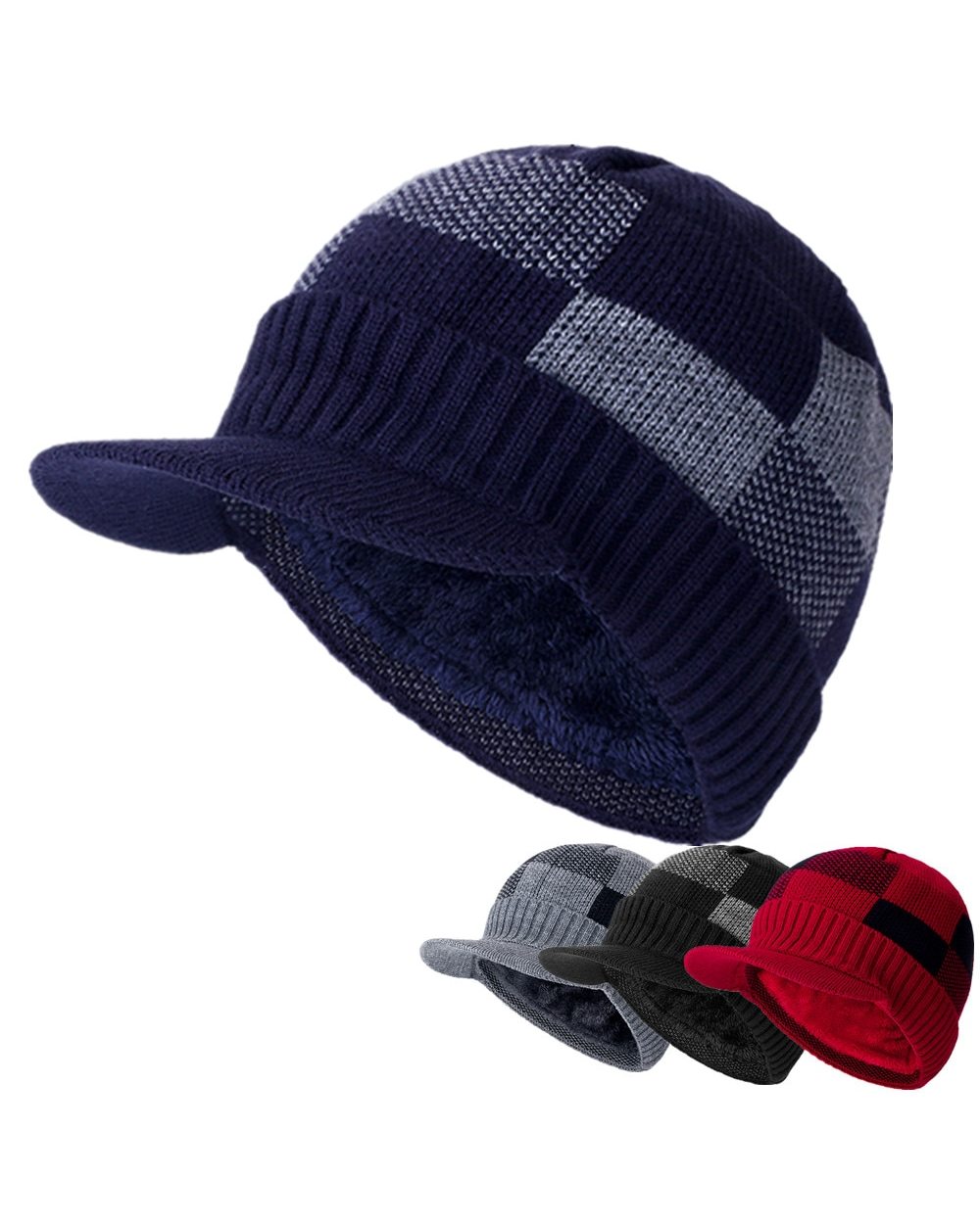New Men Warm Winter Hat With Brim Stylish Add Fur Lined Soft Beanie Hat Lattice Design Thick Winter Hats For Men Knitte front-0