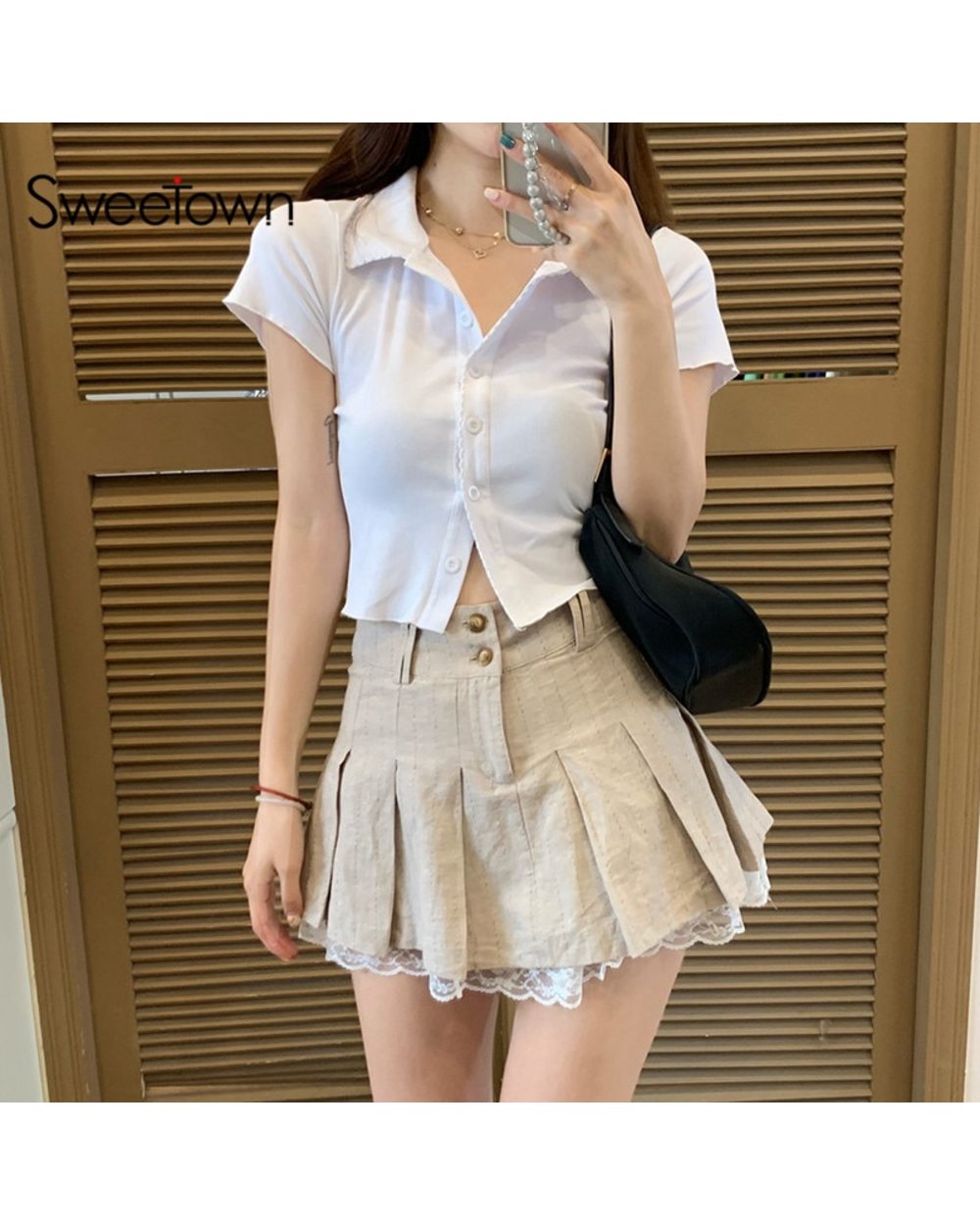 Korean Fashion Khaki Short Skirt Lace Trim Cute Pleated Skirts Womens Preppy Style High Waist Summer Skirt front-1