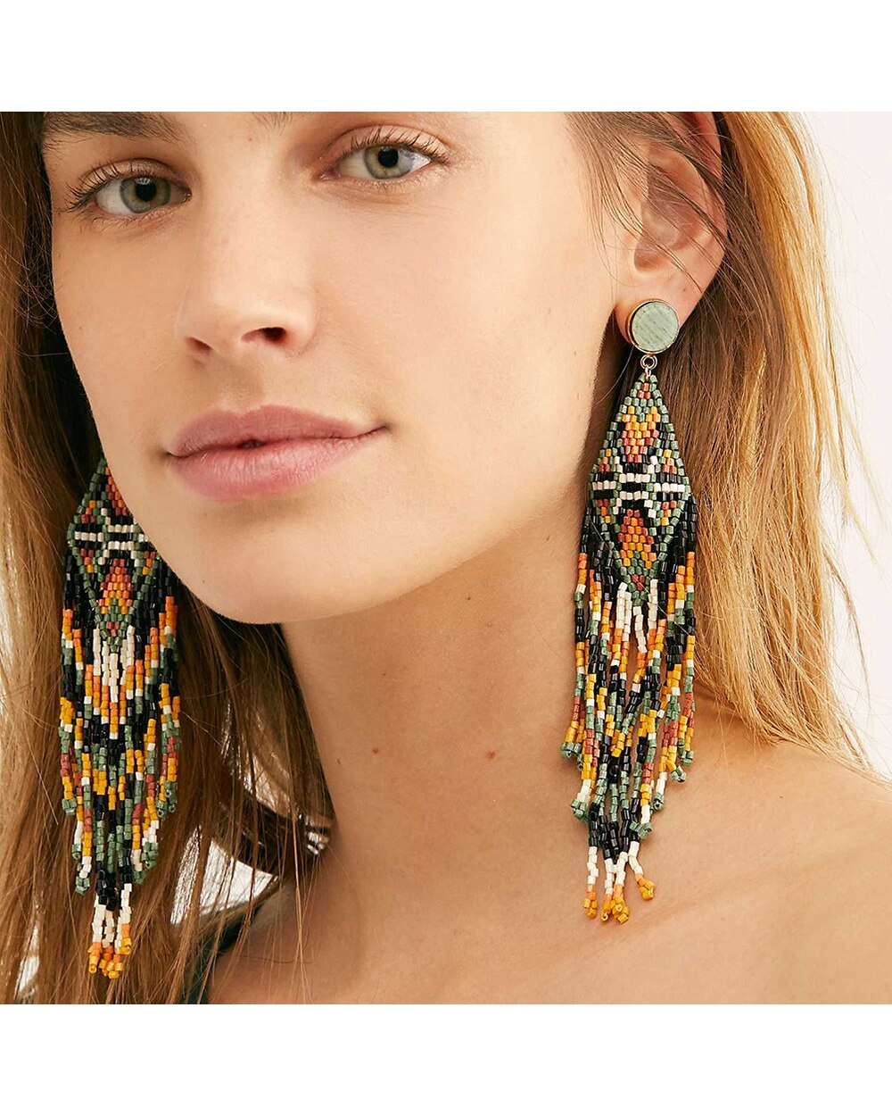 Handmade Beaded Earrings Bohemian Women Multicolor Statement Long Tassel Beads Dangle Earrings Ethnic Jewelry Girls UKEN front-4