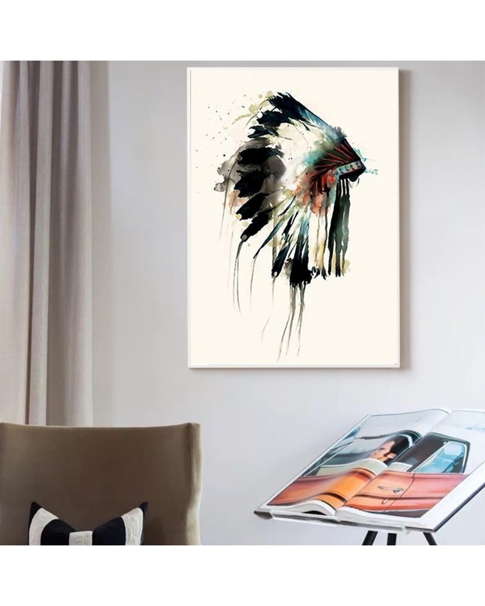 Native Pretty Feather Headdress Oil on Canvas Painting Posters and Prints Scandinavian Wall Art Picture front-1