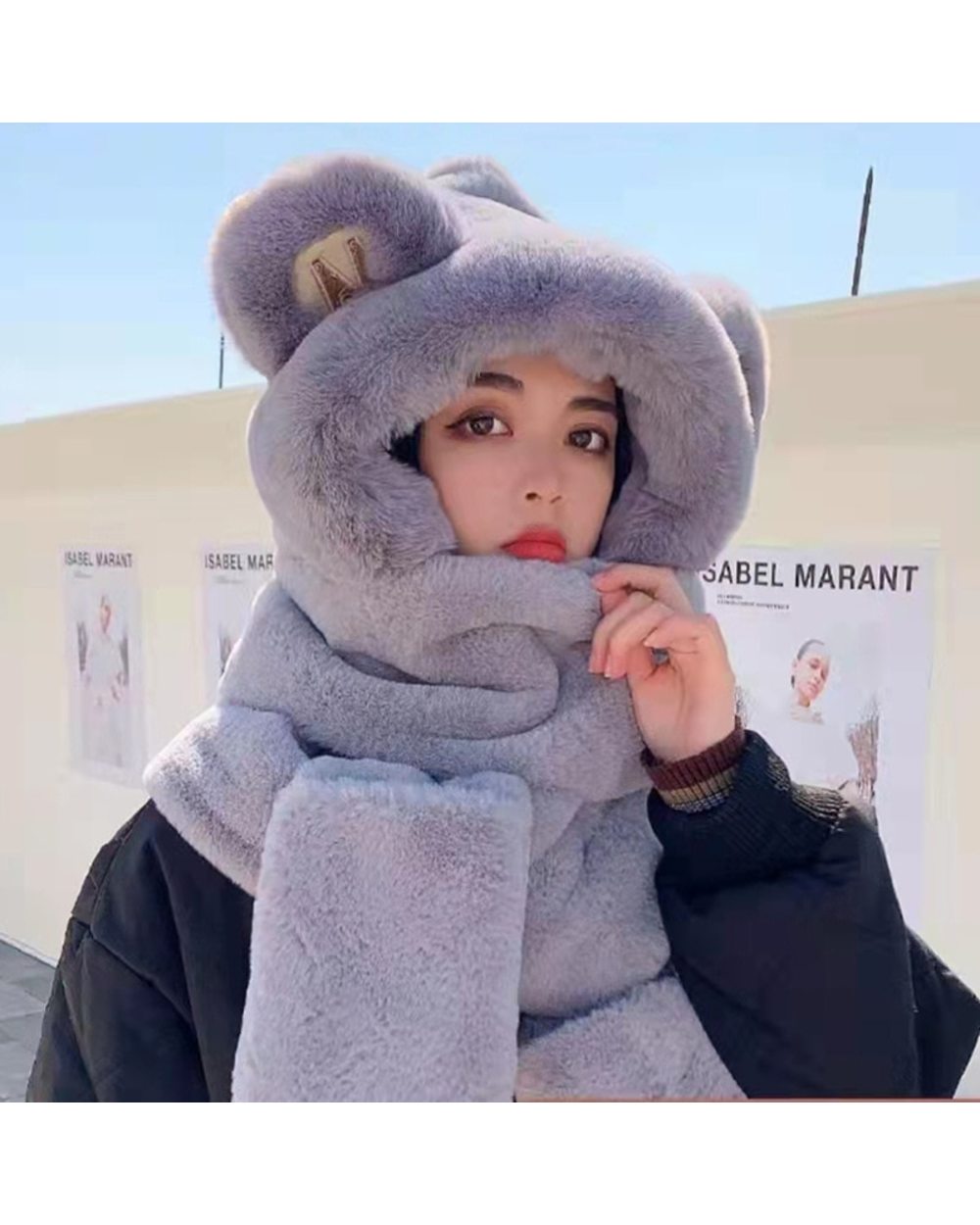 New Women Bear Ear Winter Hat Thicken Plush Warm Windproof Cute Hooded Scarf Thick Warm Soft Ear Balaclava front-1