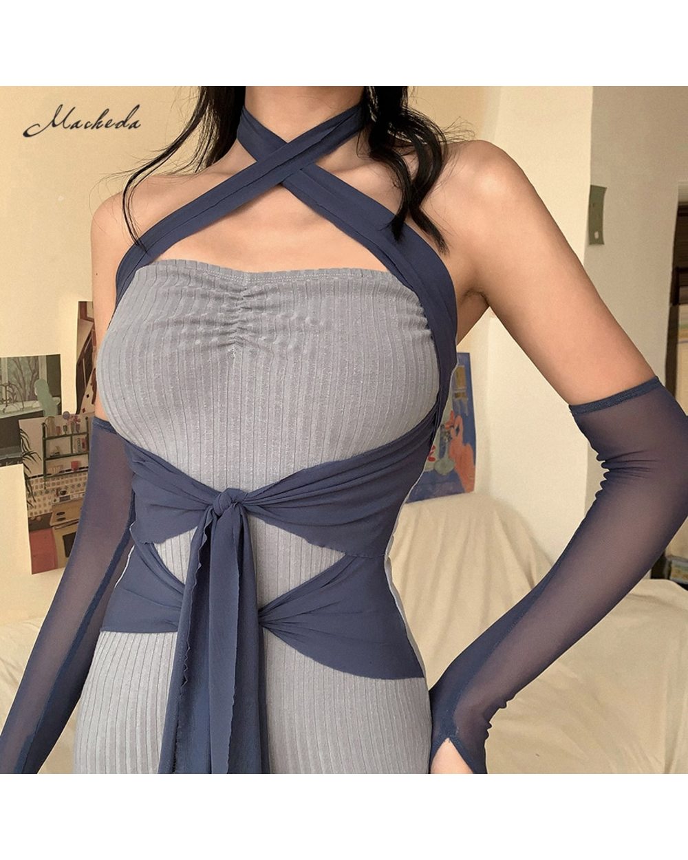 Summer Fashion Patchwork Slim Halter Dress Women Knitting Dress Blue Lace Up Bodycon Mini Dress Lady front-4