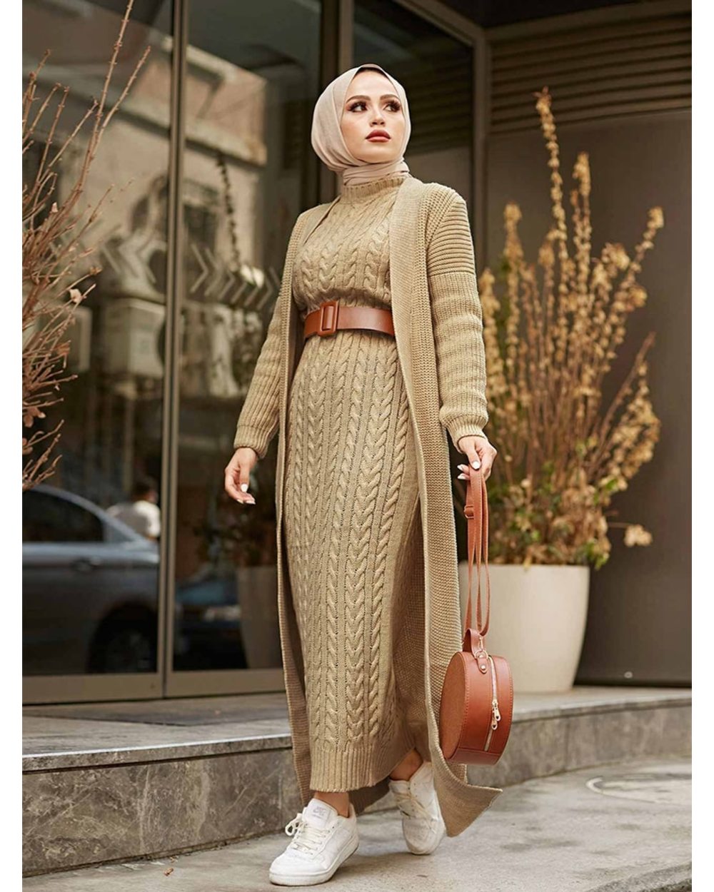 Women Dress Autumn Winter 2 Piece Hijab Knitwear Suit Islamic Muslim Clothing Long Cardigan Model front-1