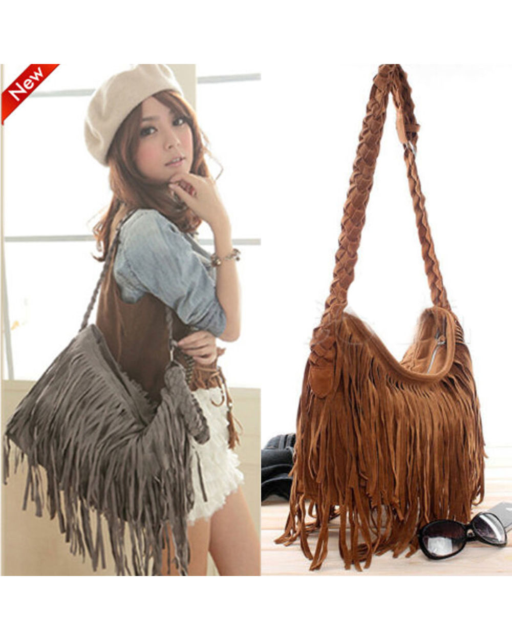 Shoulder bag Solid Tassels Trending Cross Body Bag Tassel Suede Faux fur Fringe Messenger Shoulder Handbag front-3