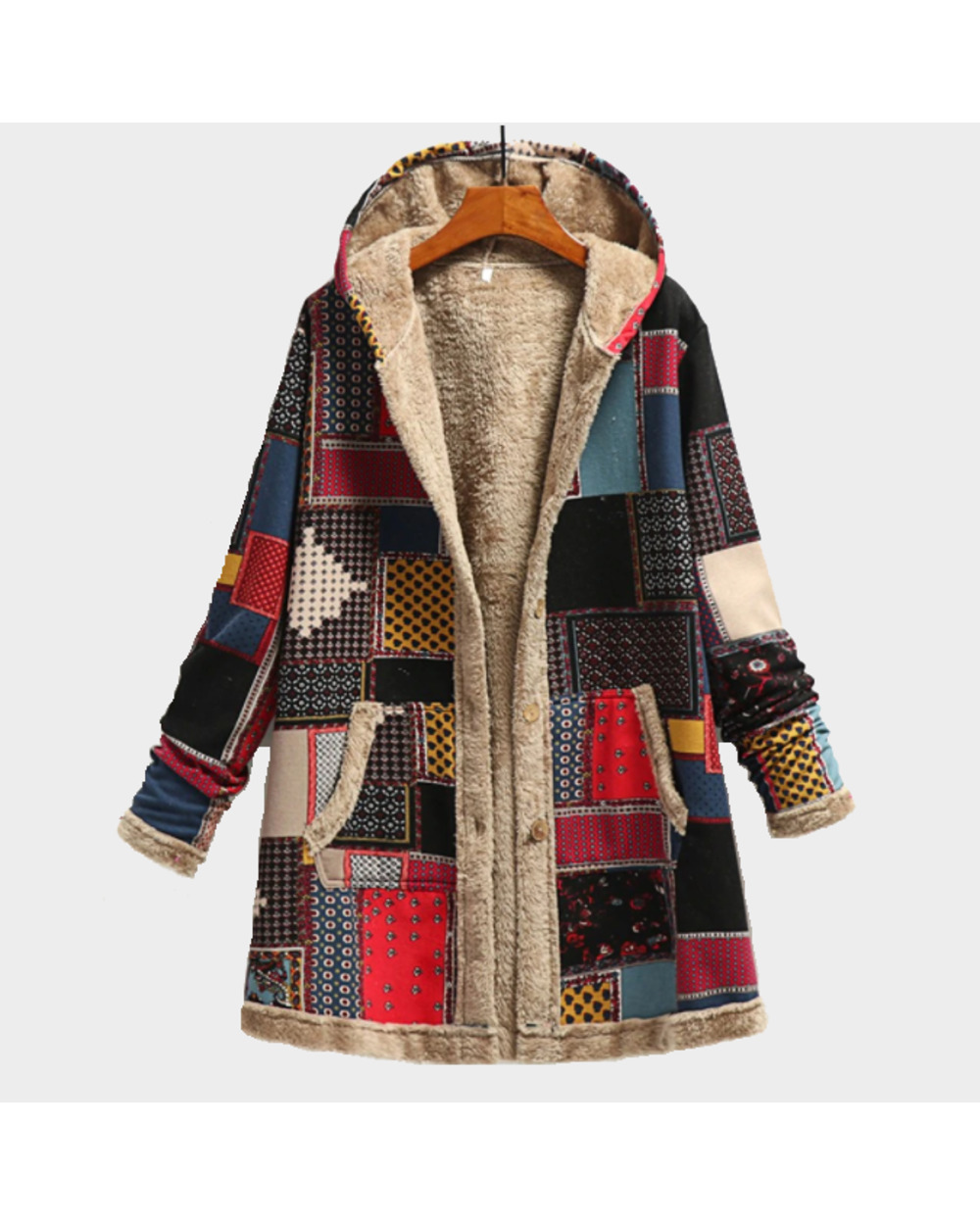 Winter Vintage Women Coat Warm Printing Thick Fleece Hooded Long Jacket with Pocket Ladies Outwear Loose Coat VG06 front-0