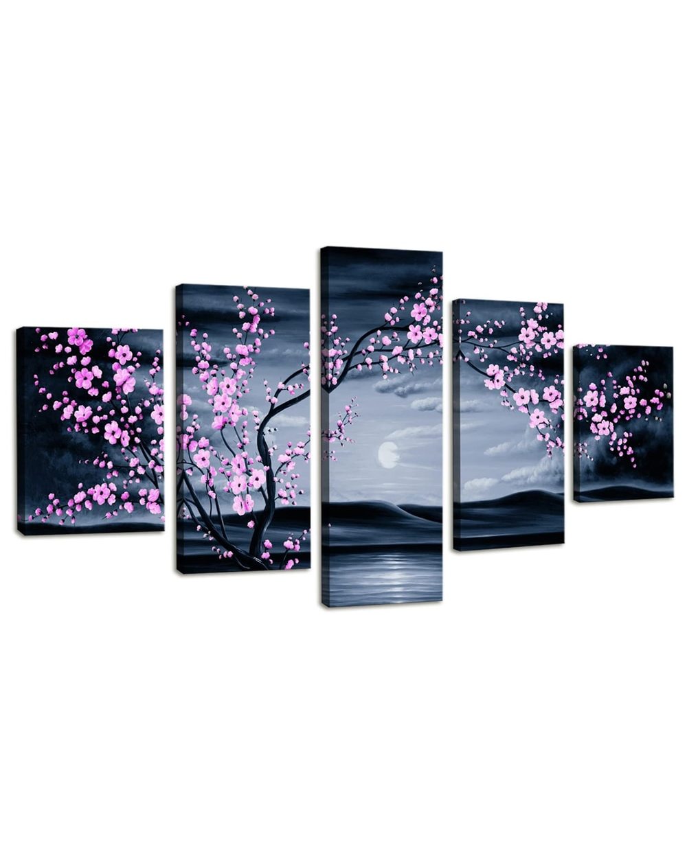 Pink Sakura Tree By the Lake Black and White Picture Print Scenery 5 Panel Canvas Art Wall Decor front-2