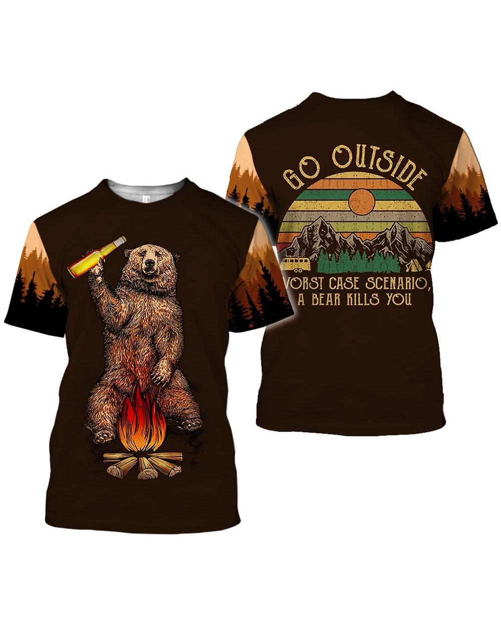 T-shirt Brown bear Beer Bonfire 3D Printed T-shirt Camping Harajuku Streetwear Camiseta Masculina VG06 front-1