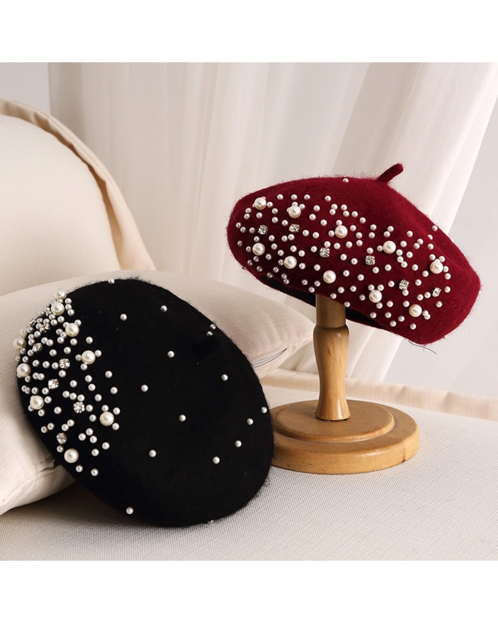 2021 Winter Wool Beret With Rhinestone Pearls Beads Female Elegant Cap Autumn Spring Hat Women Solid Color French Style front-0