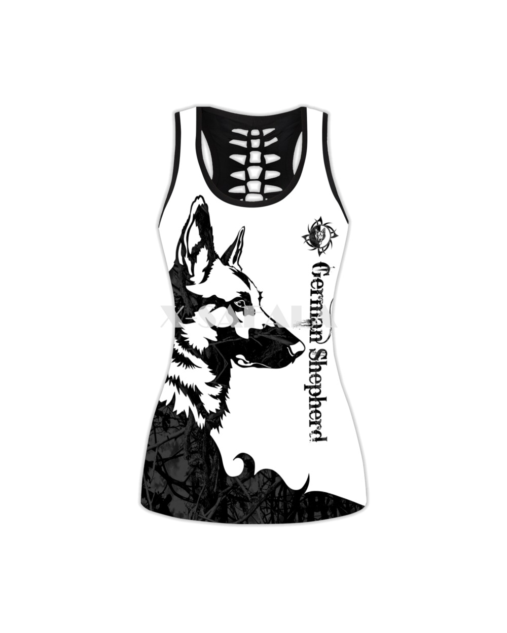German Shepherd Black Tattoos Two Piece Yoga Set Women 3D Print Vest Hollow Out Tank Top High Waist Legging front-4