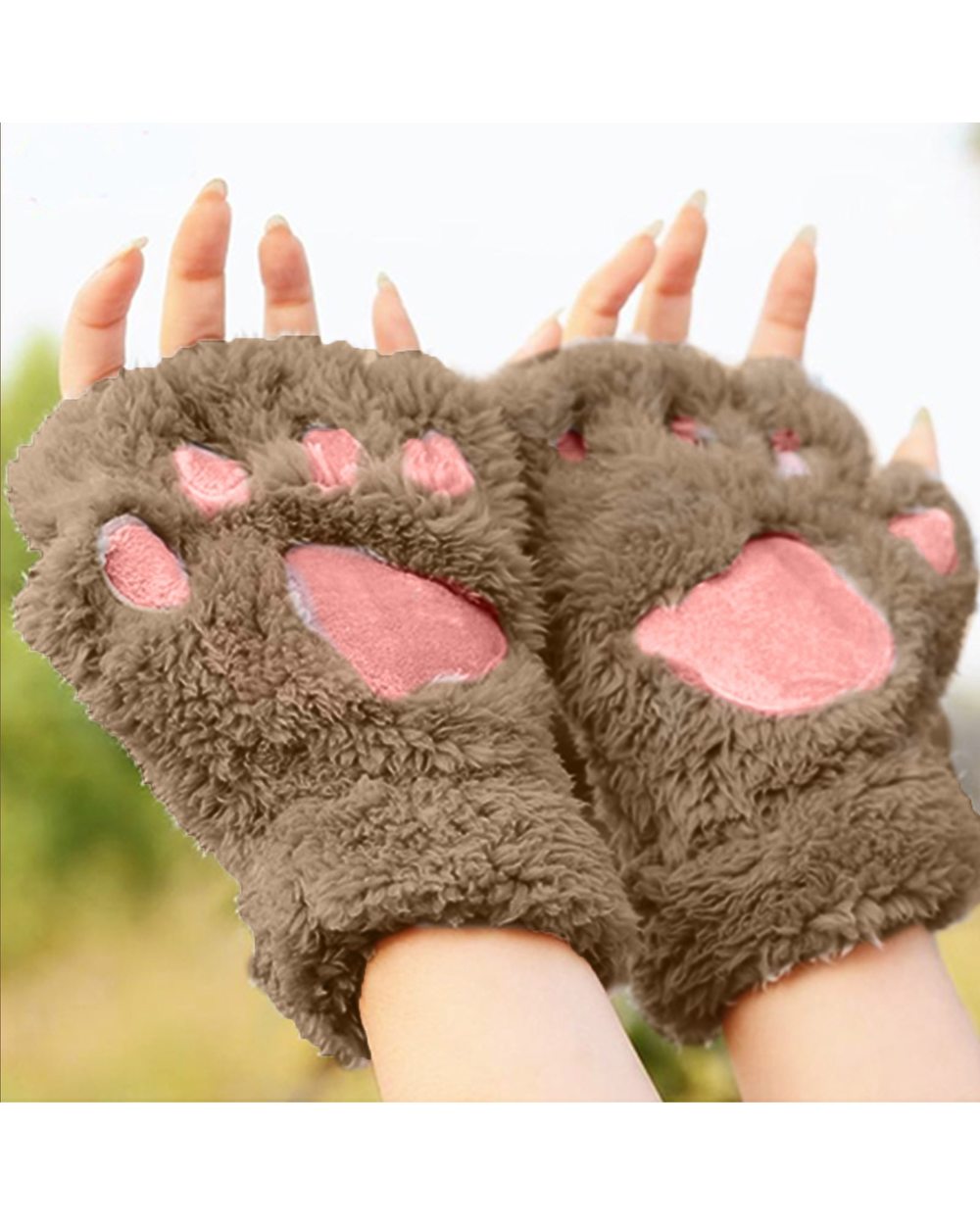 Girls Lovely Winter Warm Fingerless Gloves Fluffy Bear Cat Plush Paw Claw Half Finger Plush Gloves Mittens New Women Sk front-2