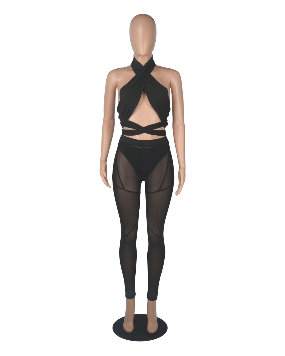 3 Pieces Set Bandage Lace Up Halter Crop Top Sheer Mesh Pants set front-5
