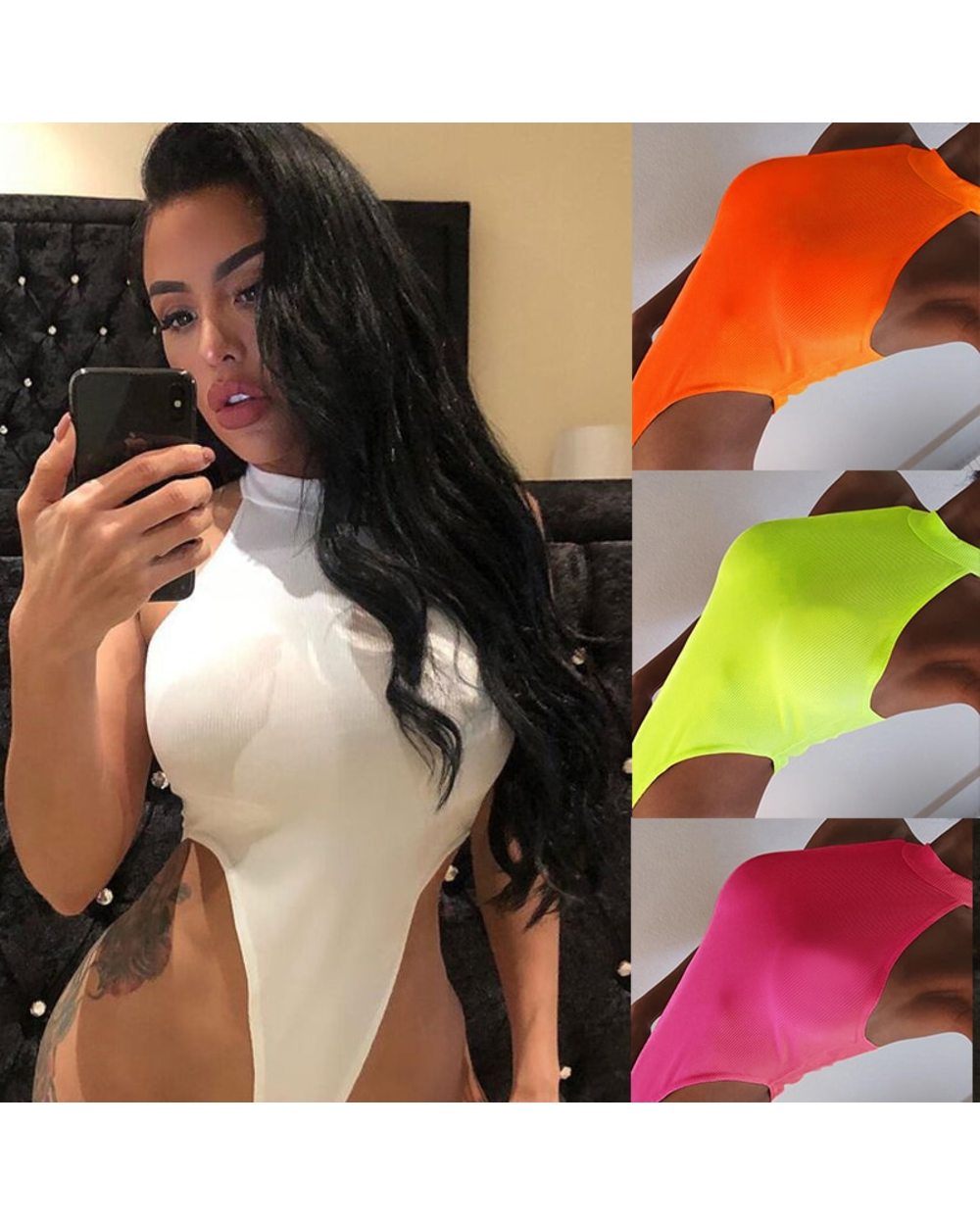 Sexy High Street Bodycon Neon Bodysuits Summer Colorful Sleevelss Backless Ftness Outfit Club Party Jumpsuit Combinaison front-0