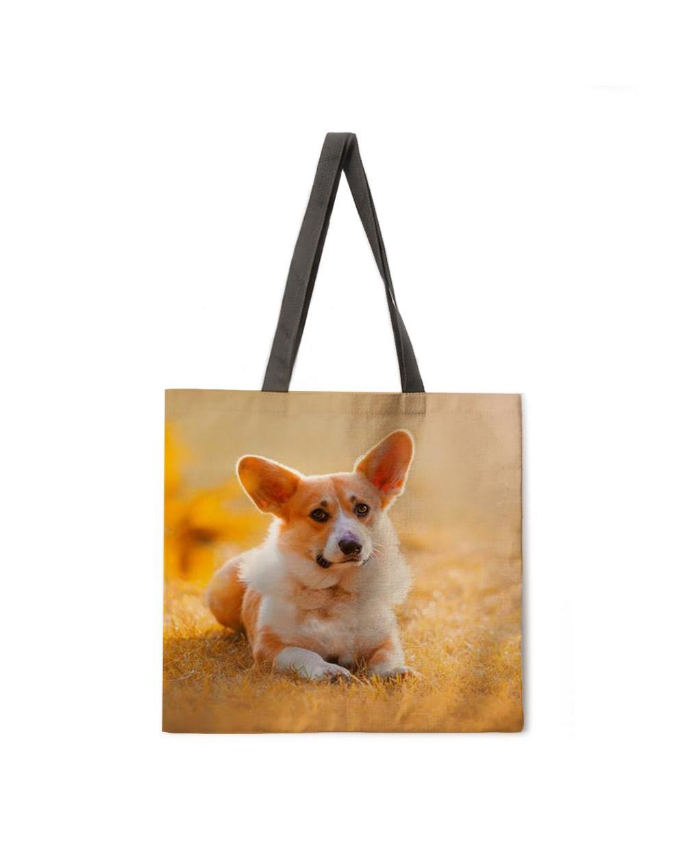 Corgi linen tote bag beach bag ladies shoulder bag foldable shopping bag reusable fashion bag front-2