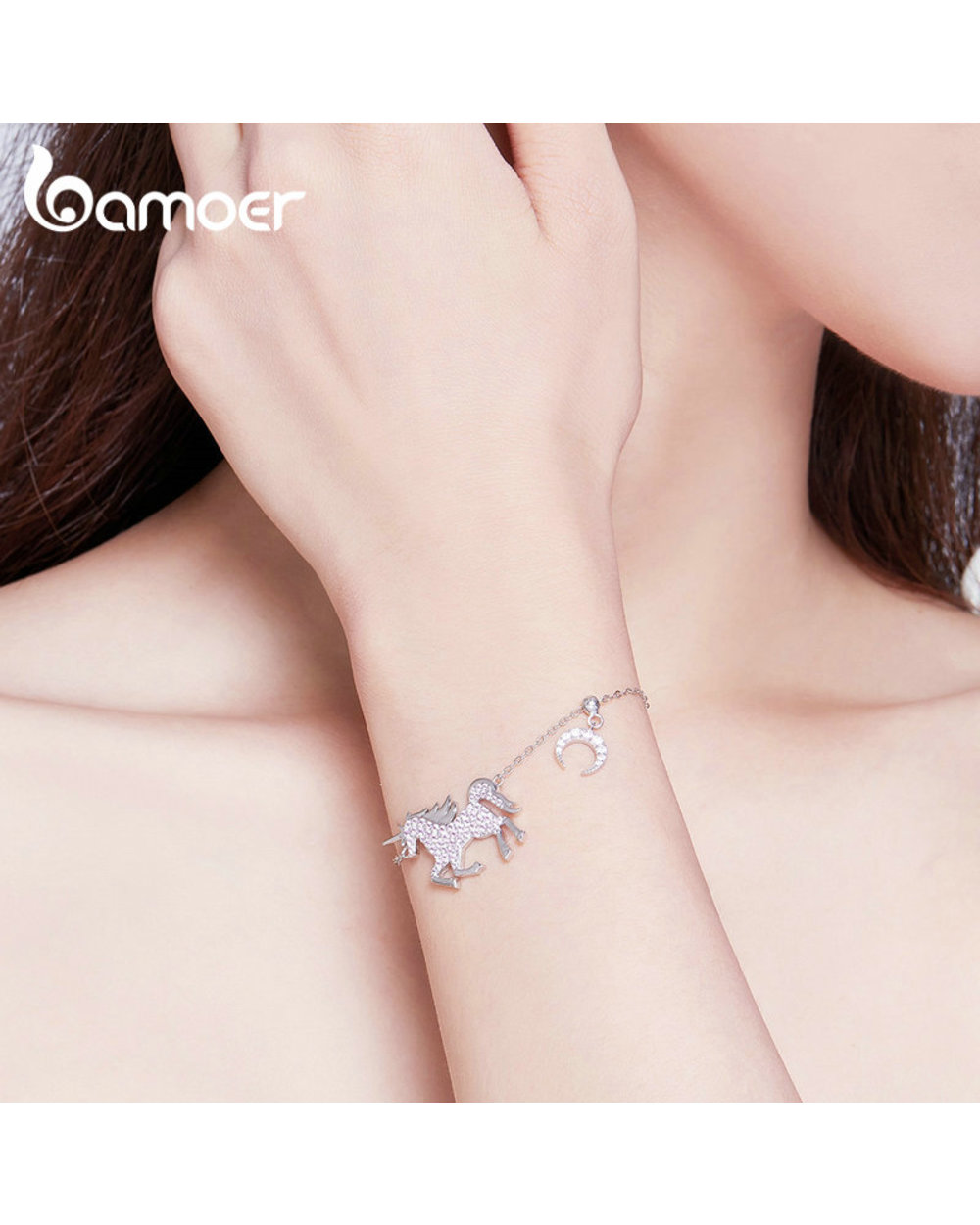 Horse Chain Bracelets bamoer Licorne Moon Sterling Silver Femme Pegasus Design Jewelry Pink front-3