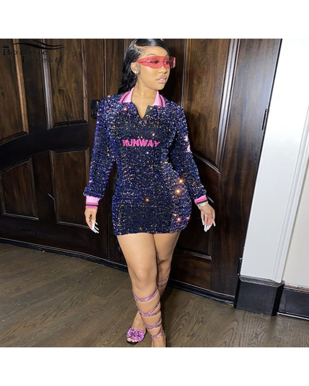 Luxury Runway Bodycon Shirt Dress Sparke Sequin Dress Women Party Night Club Wear Birthday Outfits front-0