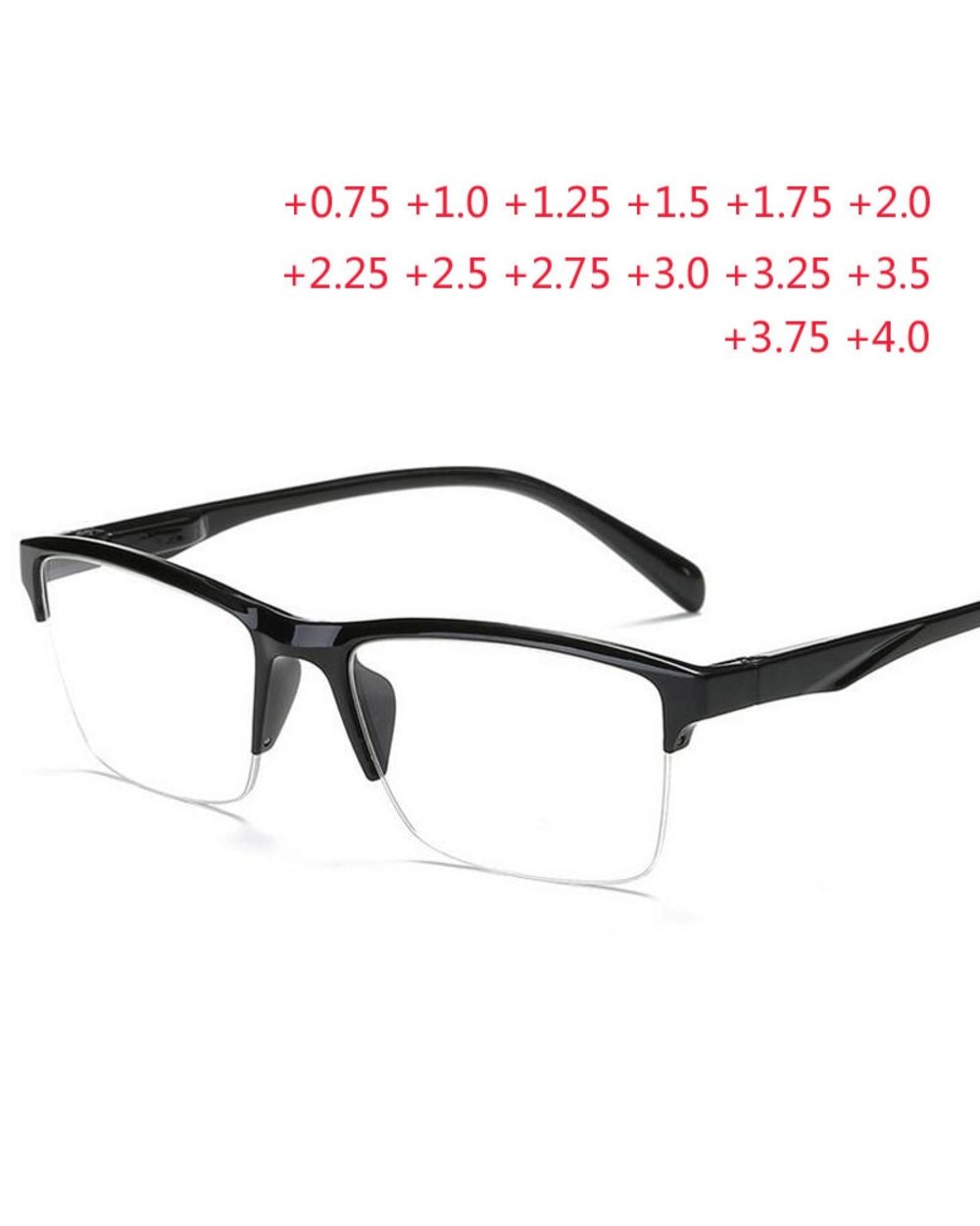 Black Half Frame Reading Glasses Anti-Fatigue Eyeglasses Magnifier +0.75 +1.0 +1.25 +1.75 +2.0 +2.25 +2.75 +3.25 +3.5 + front-0