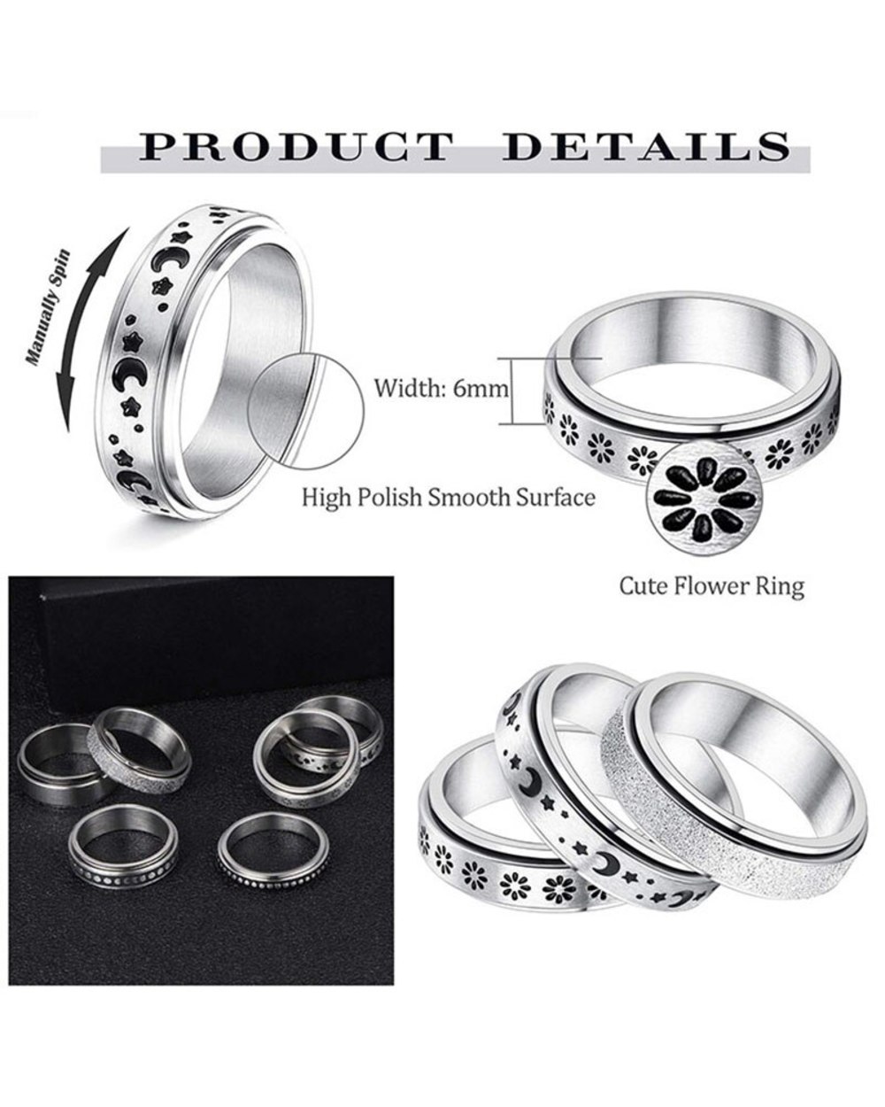 Anxiety Rings 6mm Stainless Steel Fidget Spinner front-1