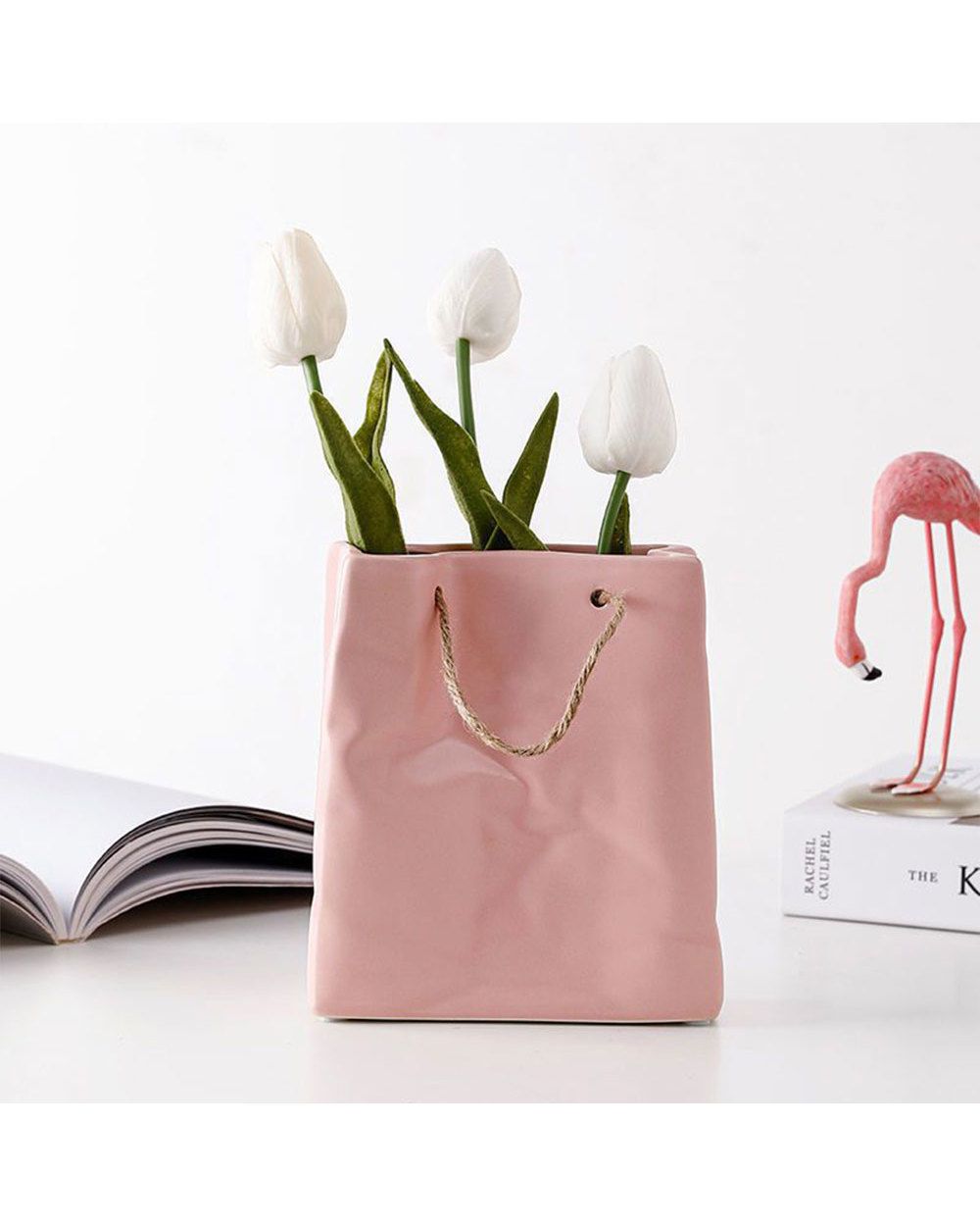 Nordic Creative Ceramic Vase Shopping Bag Design Handbag Dried Flower Arrangement Simple Living Room Simulation Desktop front-4