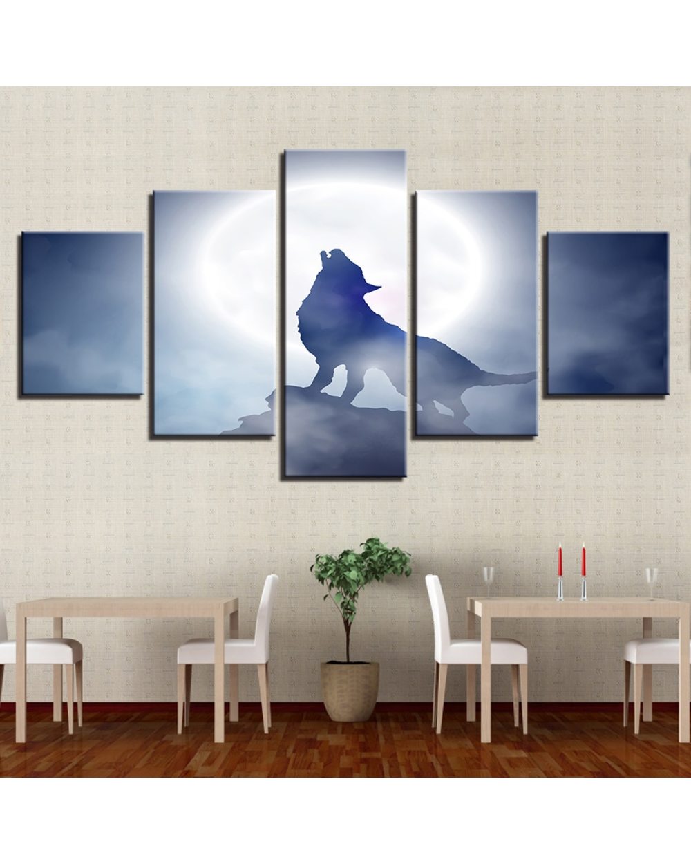 Full Moon Night Animal Wolf Howling Picture Print Scenery 5 Panel Canvas Art Wall Decor front-1