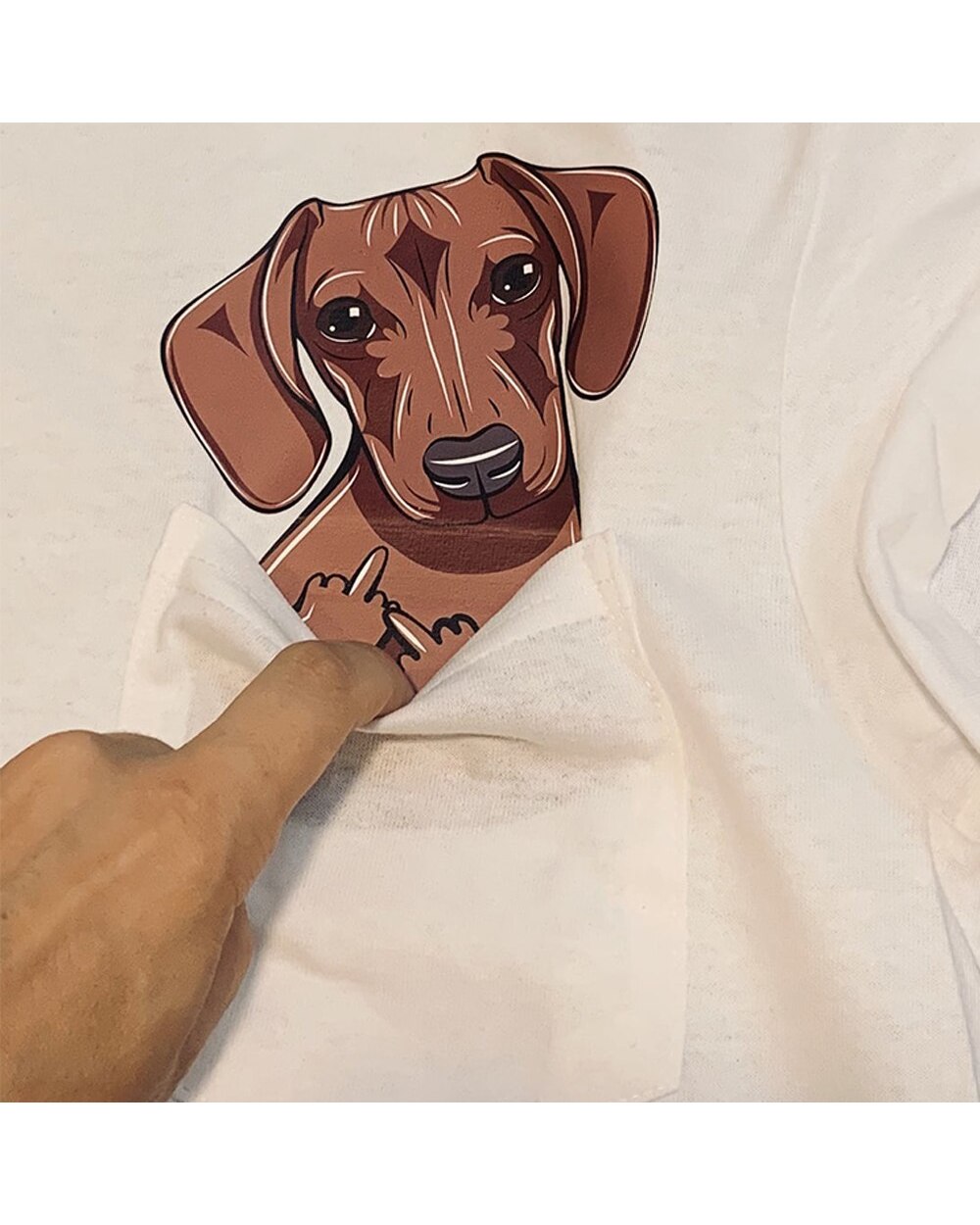 Dachshund Dog with Middle Finger In The Pocket Funny Printed T-shirt Cotton Tees front-2