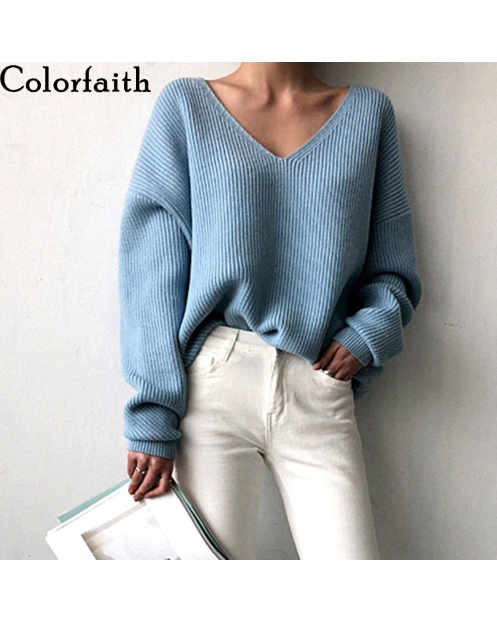 Colorfaith Women's Knitwear Sexy V-Neck Minimalist Tops Korean Irregular Hem Knitted Casual Sweaters front-2