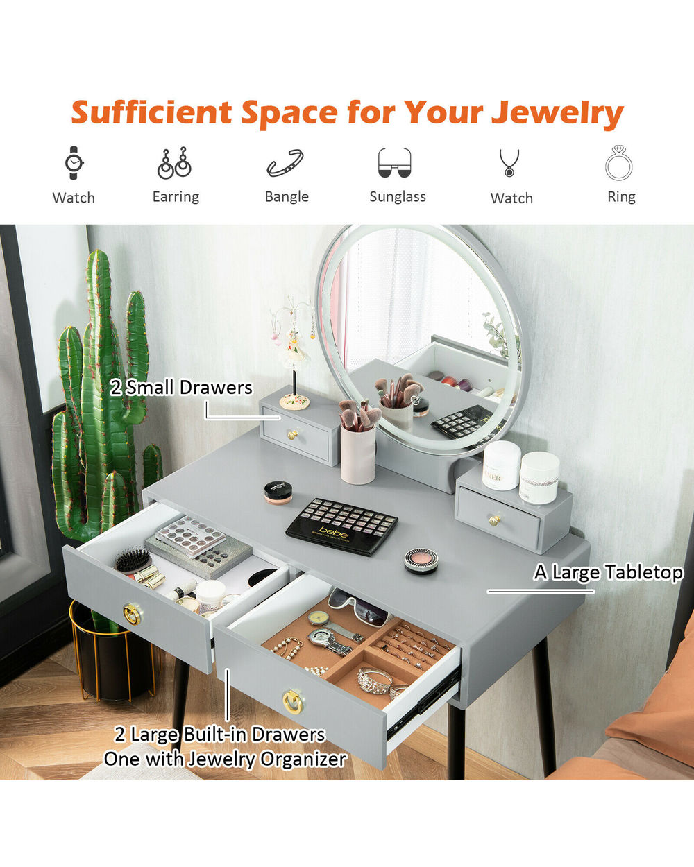 Vanity Makeup Dressing Table Stool Set 3-Color lighted Mirror front-3