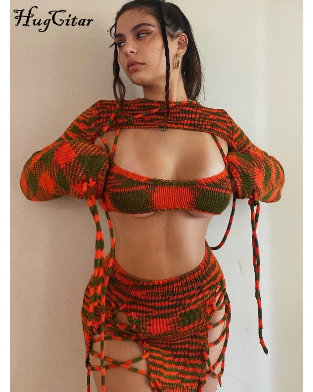 Knitting Women Long Sleeve Crop Top Drawstring Mini Dress Set Autumn Y2K Streetwear Outfit Fashion front-0